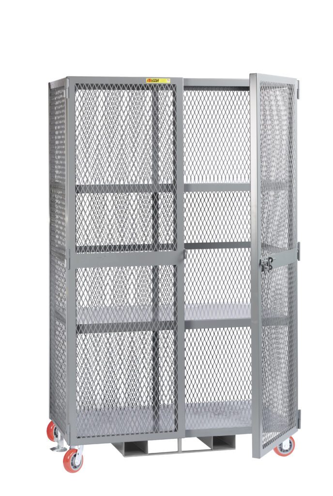 The Little Giant Forkliftable Mobile Storage Locker - 81H features a tall gray metal design with mesh walls, a padlock-secured hinged door, and red caster wheels for easy mobility, along with multiple interior shelves for optimal organization.