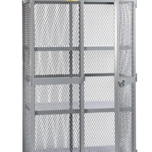 The Little Giant Forkliftable Mobile Storage Locker - 81H features a tall gray metal design with mesh walls, a padlock-secured hinged door, and red caster wheels for easy mobility, along with multiple interior shelves for optimal organization.