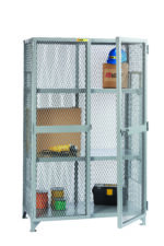 A Little Giant All-Welded Storage Locker with an adjustable shelf, featuring open doors, shows four tiers containing a cardboard box, two hard hats, a toolbox, and small containers. The gray metal mesh cabinet stands securely on a flat surface.
