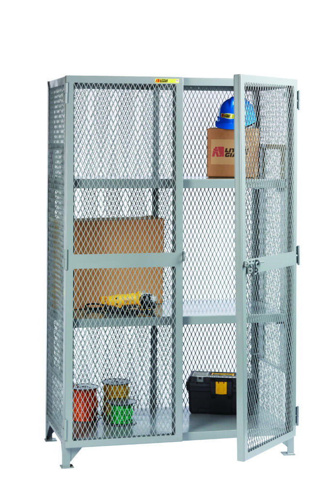 SL2-A-3048.jpg A Little Giant All-Welded Storage Locker with an adjustable shelf, featuring open doors, shows four tiers containing a cardboard box, two hard hats, a toolbox, and small containers. The gray metal mesh cabinet stands securely on a flat surface.