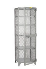 The Little Giant Welded Gravity Flow Storage Locker is tall and gray with a metal mesh design, four shelves, and a lockable door. It stands on small legs and has a label at the top.
