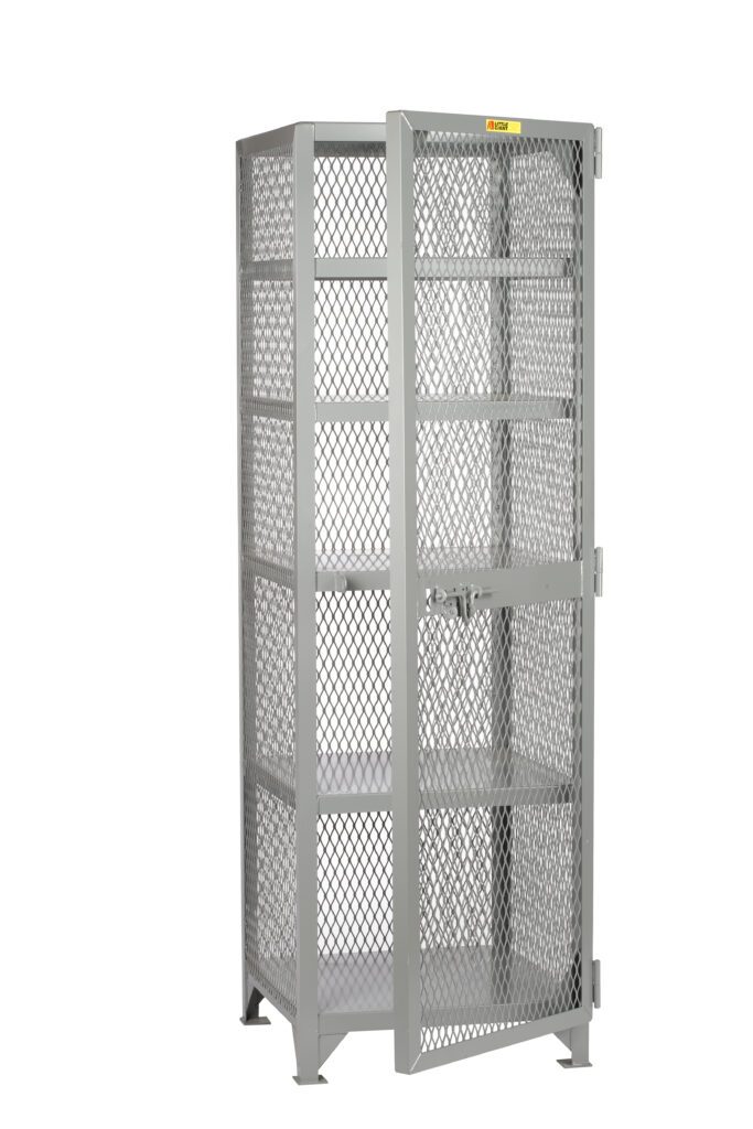 The Little Giant Welded Gravity Flow Storage Locker is tall and gray with a metal mesh design, four shelves, and a lockable door. It stands on small legs and has a label at the top.