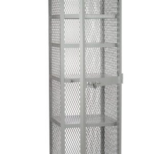 The Little Giant Welded Gravity Flow Storage Locker is tall and gray with a metal mesh design, four shelves, and a lockable door. It stands on small legs and has a label at the top.