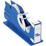 The Tape Logic® Table Top Dispenser features a sturdy base, metal cutting edge, and a sleek design. Perfect for packaging, it includes a white tape roll and displays the tape logic logo.