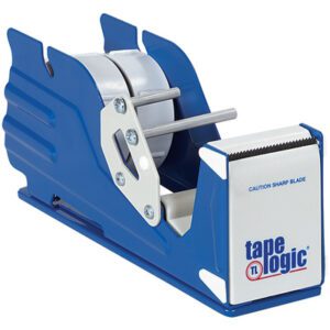 The blue 2 Tape Logic® Multi Roll Table Top Dispenser has a white metal cutting edge, displays Tape Logic and Caution sharp blade, and is designed for easy tape dispensing and cutting.
