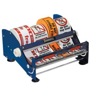 The MH-USA 12 Table Top Label Dispenser, featuring a sleek metal and plastic stand, comes with three label rolls for warnings on fragility, refrigeration instructions, and handling precautions, ensuring easy dispensing for all packaging needs.