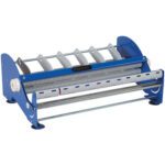 The MH-USA 18 Table Top Label Dispenser features a metal base and white plastic combs for binding, with an adjustable knob for seamless document preparation.