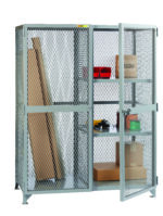 A metal storage cage with one door ajar reveals shelves like the Little Giant All-Welded Combination Cabinets w/2 Half Shelves, holding items like cardboard boxes and red bins. Large cardboard pieces lean inside, while the mesh design allows visibility.