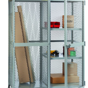 A metal storage cage with one door ajar reveals shelves like the Little Giant All-Welded Combination Cabinets w/2 Half Shelves, holding items like cardboard boxes and red bins. Large cardboard pieces lean inside, while the mesh design allows visibility.