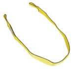 The Vestil Poly Yellow Lift Web Sling, made of durable yellow nylon with black stitching and measuring 3 in x 10 ft, features loops at each end and is shown in a loose, elongated shape on a white background.