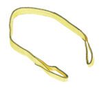 The Vestil Poly Yellow Lift Web Sling, 3 In X 6 Ft, is a woven synthetic sling with black stitching and loops at both ends, perfect for lifting heavy objects, displayed on a plain white background.