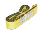 The Vestil Poly Yellow Lift Web Sling 3 In X 8 Ft is a durable, coiled yellow sling with black stitching and edges. It has a white plastic tie and labeled text/symbols on one side, designed with a heavy-duty woven texture.