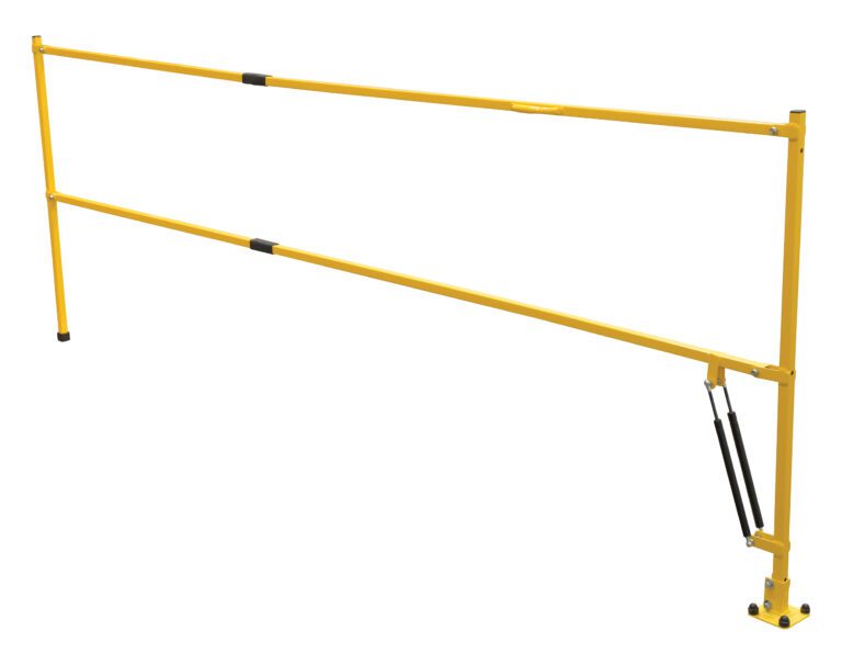 The yellow Vestil Safety Lift Gate 120 In is a collapsible safety railing with two horizontal bars, a hinged attachment point, rubber base pads on each vertical post, black rubber grips, and spring mechanisms at the joints for reliable functionality.