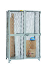 The Little Giant All-Welded Storage Locker is a robust metal mesh cage, safely padlocked, containing cardboard boxes and rolls. A blue hard hat rests on one box against a clean white background.