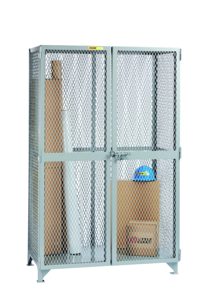 The Little Giant All-Welded Storage Locker is a robust metal mesh cage, safely padlocked, containing cardboard boxes and rolls. A blue hard hat rests on one box against a clean white background.