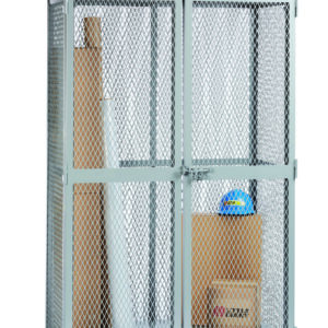 The Little Giant All-Welded Storage Locker is a robust metal mesh cage, safely padlocked, containing cardboard boxes and rolls. A blue hard hat rests on one box against a clean white background.