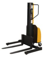 The Vestil Stacker, with a narrow mast and adjustable 118 forks, is painted in vibrant yellow and black. Its designed for efficient pallet lifting and maneuverability in industrial settings.