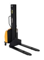 The Vestil Stacker Narrow Mast Fix Fork 118 In 1.5K, featuring a striking yellow and black design, can lift up to 118 inches. Equipped with black forks and base wheels for mobility, it effectively handles pallets in warehouses or industrial settings with a capacity of 1.5K lbs.