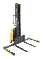 The Vestil Stacker Narrow Mast Adj Forks 63 In 1K offers a vertical lifting mechanism with a yellow base and adjustable black forks featuring yellow-black stripes, expertly maneuvering pallets up to 63 inches in warehouses.