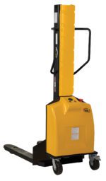 The Vestil Stacker Narrow Mast Fix Forks 63 In 1K has a yellow and black design with fixed forks, a narrow mast, and offers a 63-inch reach with a 1,000-pound lifting capacity. Ideal for efficiently moving pallets in warehouses or storage facilities.