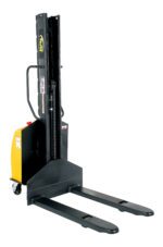 The Vestil Stacker Narrow Mast Fix Forks 63 In 1.5K, in yellow and black, provides an industrial electric solution for warehouses. It efficiently lifts up to 1,500 pounds, maneuvering smoothly on wheels with its narrow mast and fixed forks.