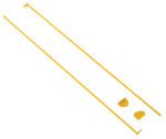 Two long yellow rods with hooks at one end lie parallel, resembling parts of the Vestil Optional Sling Rack Hook Lock System. Below them are two small yellow brackets with multiple screw holes on a white background, hinting at their use in a hardware or installation kit.
