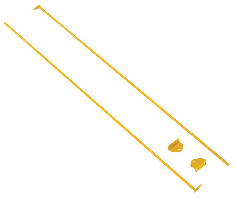 SLR-LS_A.jpg Two long yellow rods with hooks at one end lie parallel, resembling parts of the Vestil Optional Sling Rack Hook Lock System. Below them are two small yellow brackets with multiple screw holes on a white background, hinting at their use in a hardware or installation kit.