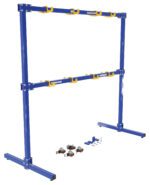 A blue and yellow Vestil Gantry Sling Rack Mobile/Stationary W/Kit, complete with wheels and screws, rests on the ground. This two-tier metal rack efficiently supports materials or equipment.