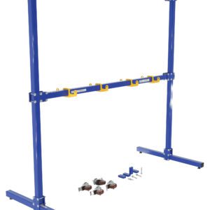 A blue and yellow Vestil Gantry Sling Rack Mobile/Stationary W/Kit, complete with wheels and screws, rests on the ground. This two-tier metal rack efficiently supports materials or equipment.