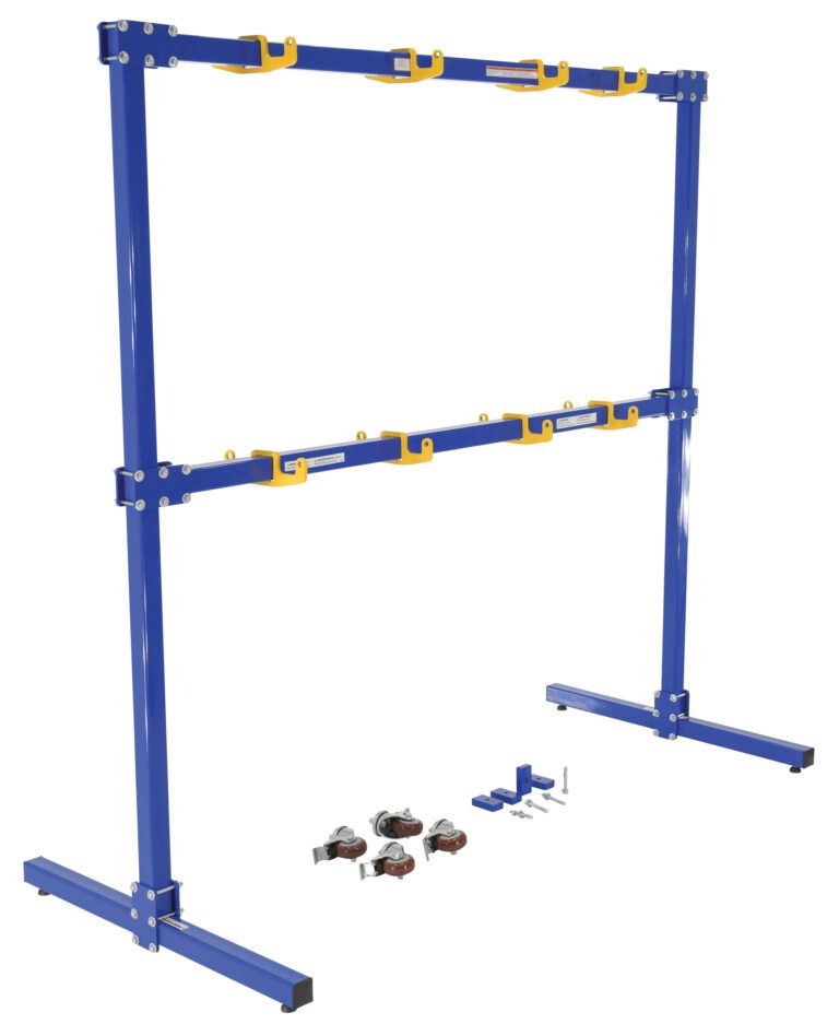 SLR-UM-6_A.jpg A blue and yellow Vestil Gantry Sling Rack Mobile/Stationary W/Kit, complete with wheels and screws, rests on the ground. This two-tier metal rack efficiently supports materials or equipment.