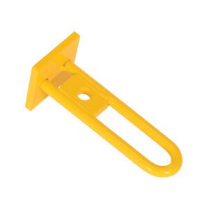The Vestil Additional Lower Bail 4.25 X 4.5 X 17.5 is a yellow metal L-shaped bracket with a flat mounting plate and an elongated loop, featuring a central hole to securely hold objects in place.