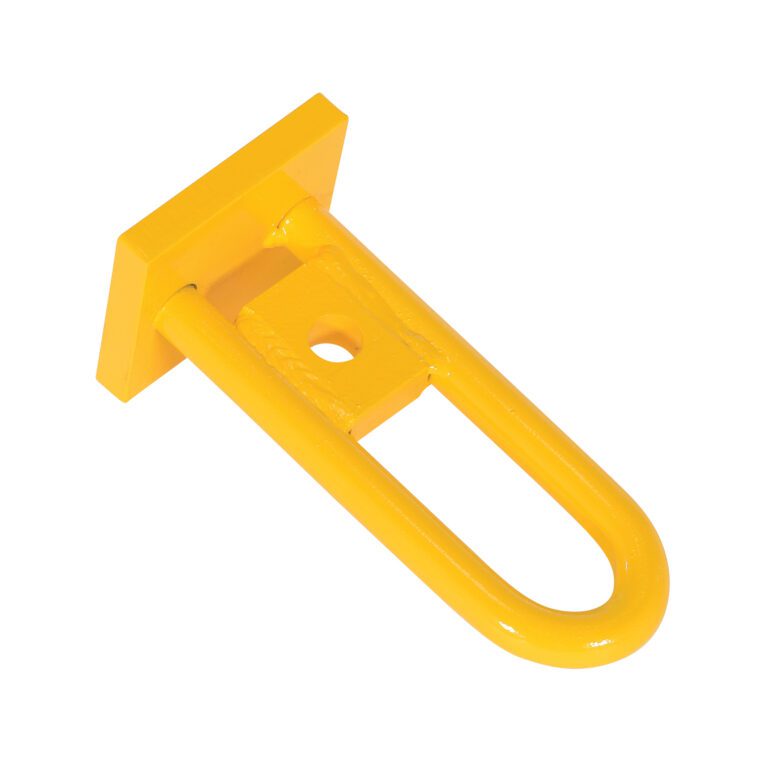 A metal bracket with a yellow, smooth surface featuring a rectangular base and an outward D-shaped loop with a central hole for attachment resembles the Vestil Additional Lower Bail 4.5 X 5 X 11.25.
