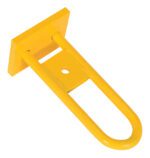 The yellow metal safety bollard includes a Vestil 6 X 7 X 15.75 baseplate with a rectangular top and U-shaped bottom, offering enhanced stability through its Additional Lower Bail feature.