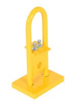 The yellow metal security bollard includes the Vestil Additional Upper Bail 4.5 X 6.25 X 12, featuring a U-shaped loop on a firm rectangular base with two bolts on the central plate for a simple yet robust design.