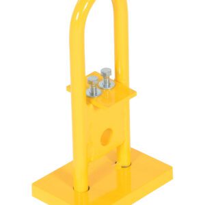 The yellow metal security bollard includes the Vestil Additional Upper Bail 4.5 X 6.25 X 12, featuring a U-shaped loop on a firm rectangular base with two bolts on the central plate for a simple yet robust design.