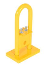 The Vestil Additional Upper Bail 4.5 X 7 X 13 security loop device features a yellow metal design with a rectangular base, two bolts, and a sturdy upward loop with a central lock mechanism for effective item securing.