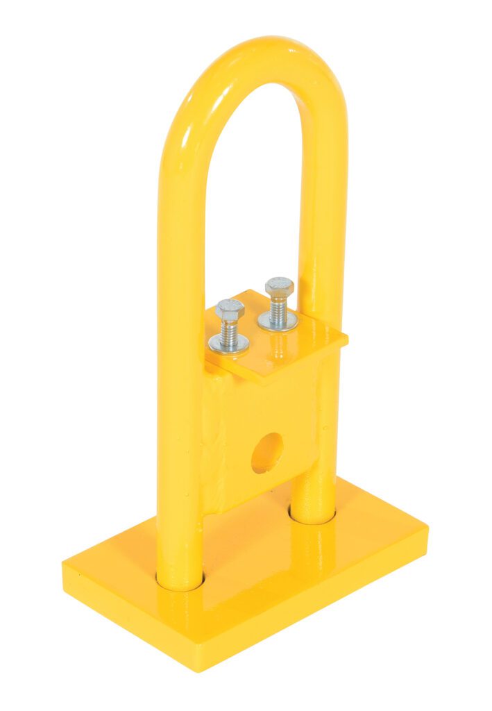 SM-UB-40_A.jpg The Vestil Additional Upper Bail 4.5 X 7 X 13 security loop device features a yellow metal design with a rectangular base, two bolts, and a sturdy upward loop with a central lock mechanism for effective item securing.