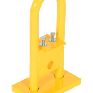 The Vestil Additional Upper Bail 4.5 X 7 X 13 security loop device features a yellow metal design with a rectangular base, two bolts, and a sturdy upward loop with a central lock mechanism for effective item securing.