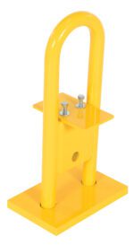 The Vestil Additional Upper Bail, measuring 6 x 9.25 x 17.5, is a shiny yellow metallic U-shaped barrier with a rectangular base and two bolts for securing the horizontal plate, ideal for security or parking management.