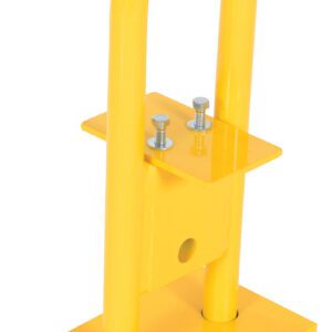 The Vestil Additional Upper Bail, measuring 6 x 9.25 x 17.5, is a shiny yellow metallic U-shaped barrier with a rectangular base and two bolts for securing the horizontal plate, ideal for security or parking management.