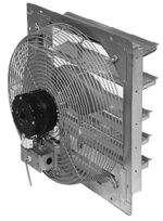A black and white image displays the Vestil Shutter Mounted Exhaust Fan 12In Blade, featuring metal blades, a protective wire grille, and a rectangular frame with side louvers for efficient airflow.