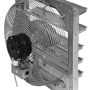 A black-and-white image shows the Vestil Shutter Mounted Exhaust Fan 18In Blade within a protective wire cage. The fan is securely mounted on a metal frame, featuring horizontal louvers behind it to regulate airflow efficiently.