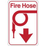 The MH-USA Fire Hose 9 x 6 Facility Sign features a red fire hose illustration with a downward-pointing nozzle and an arrow beneath it, accompanied by the text Fire Hose above.
