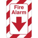 The MH-USA Fire Alarm 9 x 6 Facility Sign features bold red letters on a white center with red diagonal stripes and a large red downward arrow, clearly indicating the fire alarms location.