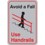 The MH-USA Avoid a Fall... 9 x 6 Facility Sign displays a safety image with a red border, depicting stairway handrail use. Bold red and black text reads, Avoid a Fall Use Handrails, encouraging safe stair practices.