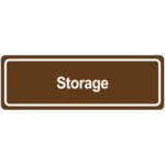 The MH-USA Door Sign - Storage is a brown rectangle featuring crisp white text, blending functionality with elegant design, making it a perfect addition to any organized space.