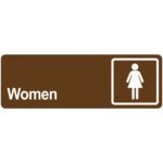 The MH-USA Door Sign - Women has a brown background with the word Women on the left and a white icon of a person in a dress on the right.