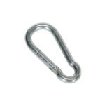 The Vestil Bollard Option - Snap Hook is a sleek metal carabiner with a spring-loaded gate and silver finish, shown open against a clean white background. Ideal for climbing or easily securing your gear.