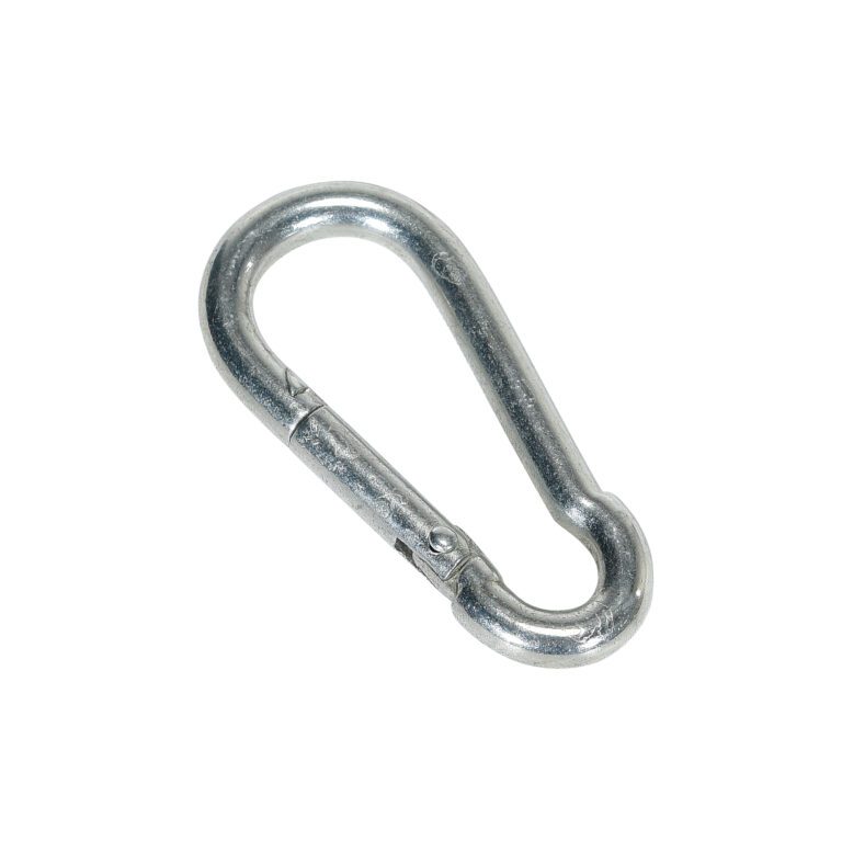 The Vestil Bollard Option - Snap Hook is a sleek metal carabiner with a spring-loaded gate and silver finish, shown open against a clean white background. Ideal for climbing or easily securing your gear.