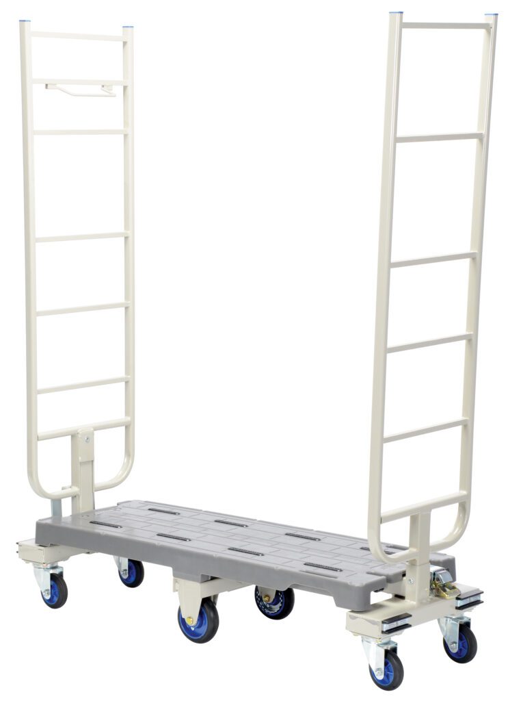 The Vestil Nesting Slim Cart 44 X 16.5 has a sturdy gray base and ladder-like side panels, with six blue wheels for smooth gliding, making it perfect for moving heavy items in warehouses or industrial settings.